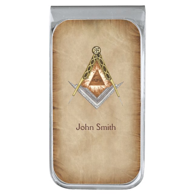 Square and Compass with All Seeing Eye Silver Finish Money Clip (Front Vertical)