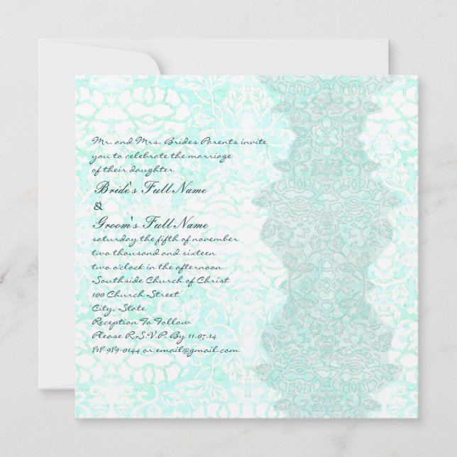 Square Aqua Vintage Damask Wedding Invitation (Front)