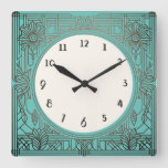Square Art Deco Clock in Aqua Turquoise Teal