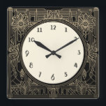 Square Art Deco Clock in Black and Beige Gold<br><div class="desc">art deco clock, art nouveau clock, gold cream white, 1920s square, stylish sophisticated 1920 style, retro vintage antique, old fashioned fancy, faux golden line art, simple minimalist square clock, minimal elegant pattern design</div>