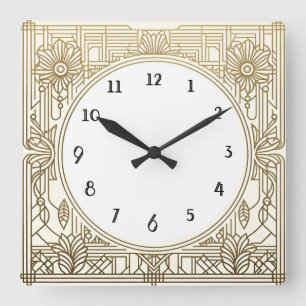 Square Art Deco Clock in Cream White and Gold