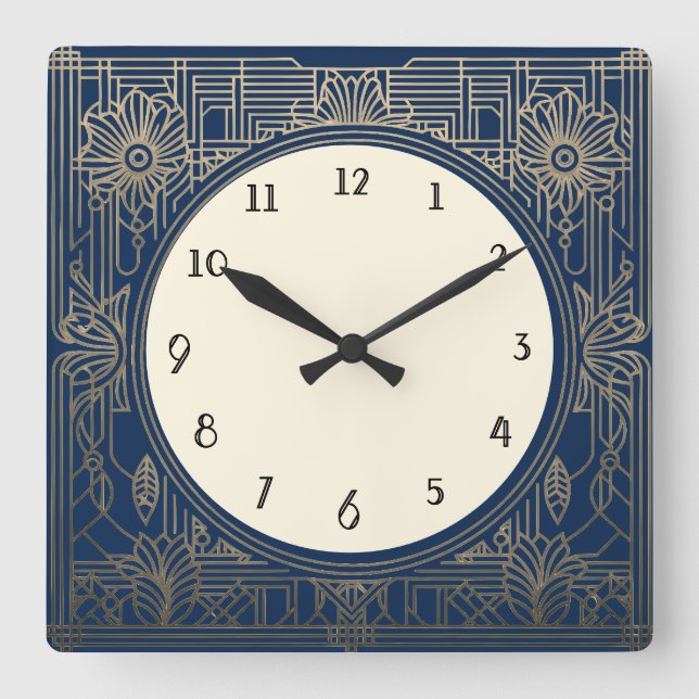 Square Art Deco Clock in Navy Dark Blue and Gold (Front)