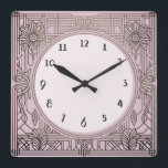 Square Art Deco Clock in Pink<br><div class="desc">art deco clock, art nouveau clock, 1920s square, stylish sophisticated 1920 style, retro vintage antique, old fashioned fancy, faux golden line art, simple minimalist square clock, minimal elegant pattern design</div>