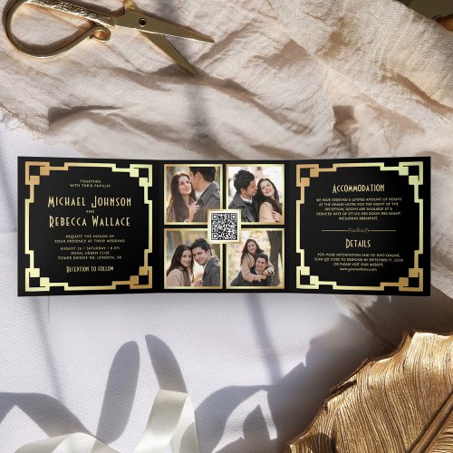 Square Art Deco Frame Black Gold QR Code Wedding Tri_Fold Invitation