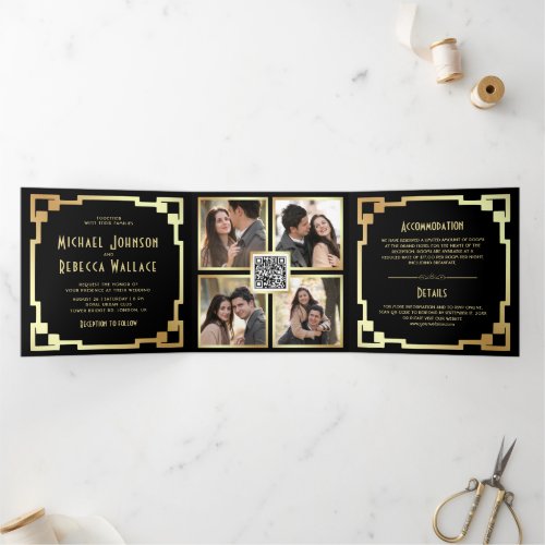 Square Art Deco Frame Black Gold QR Code Wedding Tri_Fold Invitation