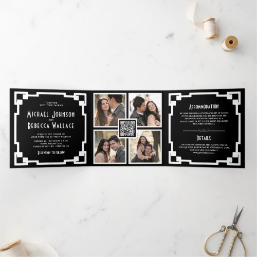 Square Art Deco Frame Black White QR Code Wedding Tri_Fold Invitation