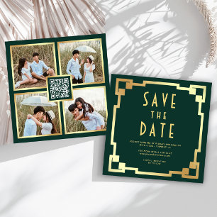 Square Art Deco Frame Emerald Gold QR Code Wedding Save The Date
