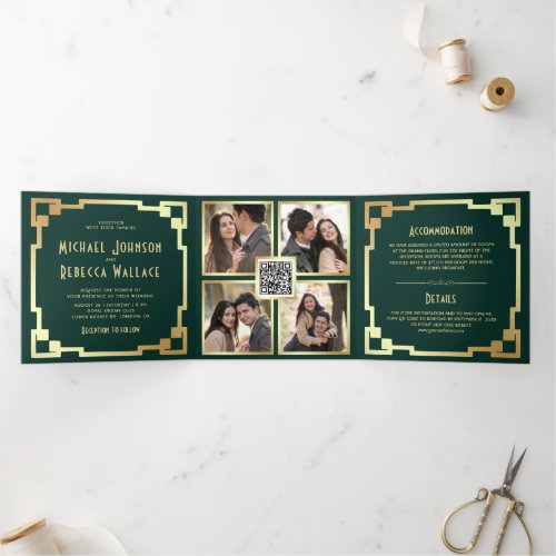 Square Art Deco Frame Emerald Gold QR Code Wedding Tri_Fold Invitation
