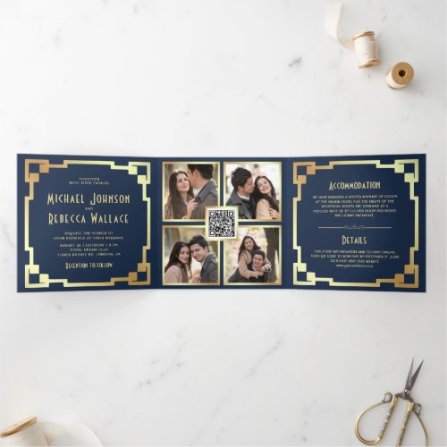 Square Art Deco Frame Navy Gold QR Code Wedding Tri_Fold Invitation