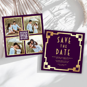 Square Art Deco Frame Purple Gold QR Code Wedding Save The Date