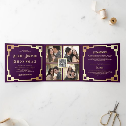 Square Art Deco Frame Purple Gold QR Code Wedding Tri_Fold Invitation