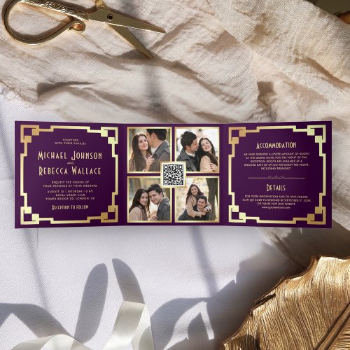 Square Art Deco Frame Purple Gold QR Code Wedding Tri_Fold Invitation