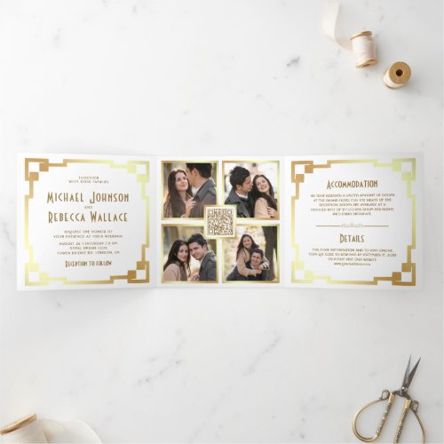 Square Art Deco Frame White Gold QR Code Wedding Tri_Fold Invitation