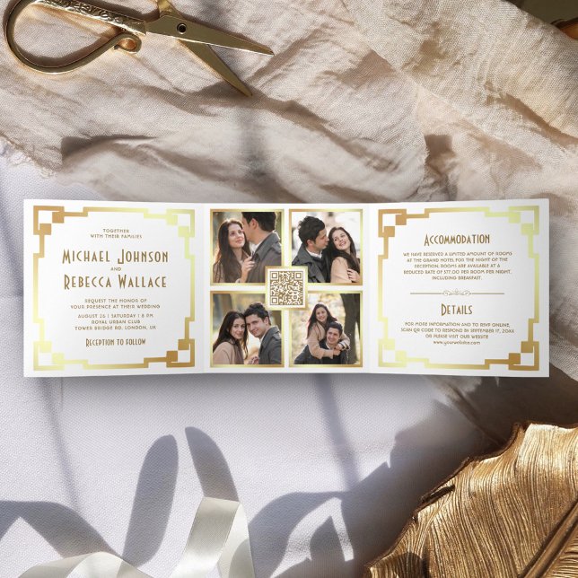 Square Art Deco Frame White Gold QR Code Wedding Tri-Fold Invitation (Creator Uploaded)
