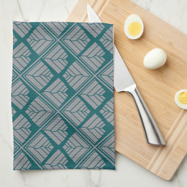 Square Art Deco Pattern in Teal and Neutral Towel (Quarter Fold)