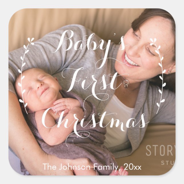Square Baby's First Christmas Photo Stickers (Front)