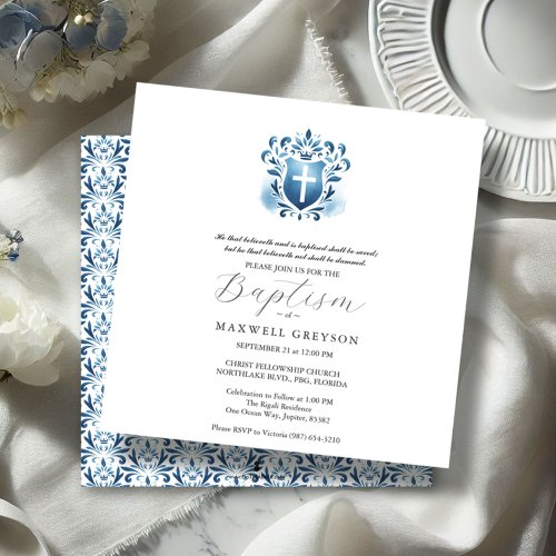 Square Baptism Invitations Religious Blue Crest