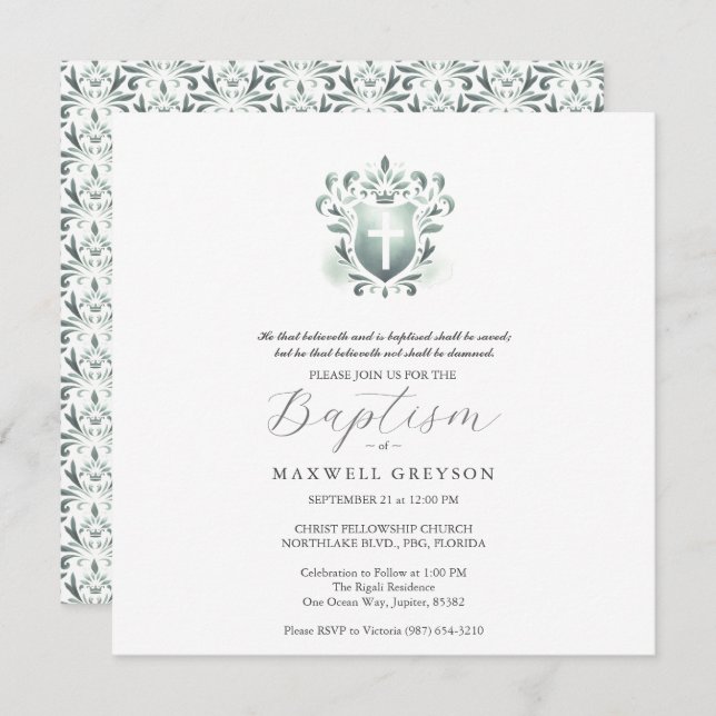 Square Baptism Invitations Sage Green Crest (Front/Back)