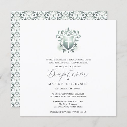 Square Baptism Invitations Sage Green Crest