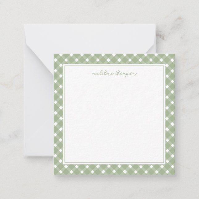 Square Basic Gingham Sage Green Border Note Card (Front)