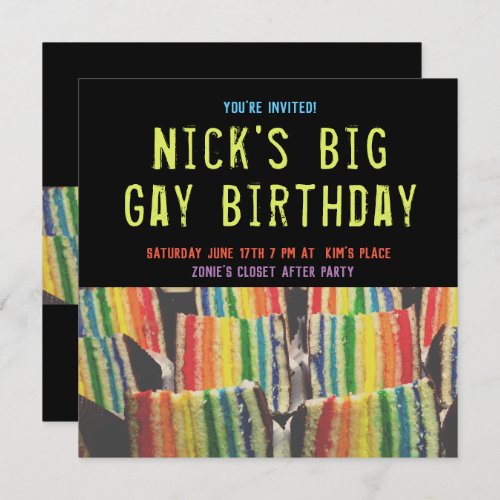 Square Big Gay Birthday Rainbow Cake Invite