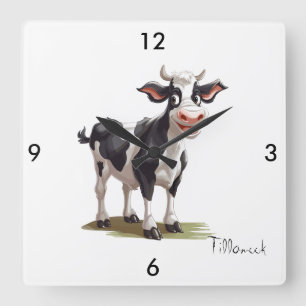 Square Black and White Cow Clock