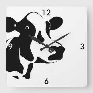 Square Black and White Cow Clock