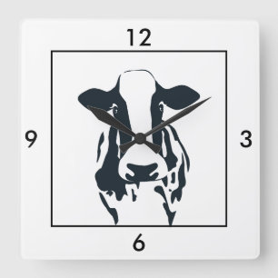 Square Black and White Cow Clock