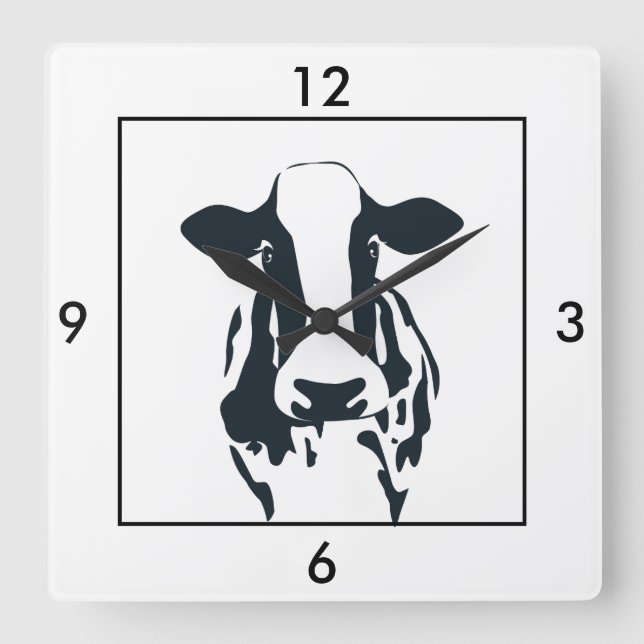 Square Black and White Cow Clock (Front)