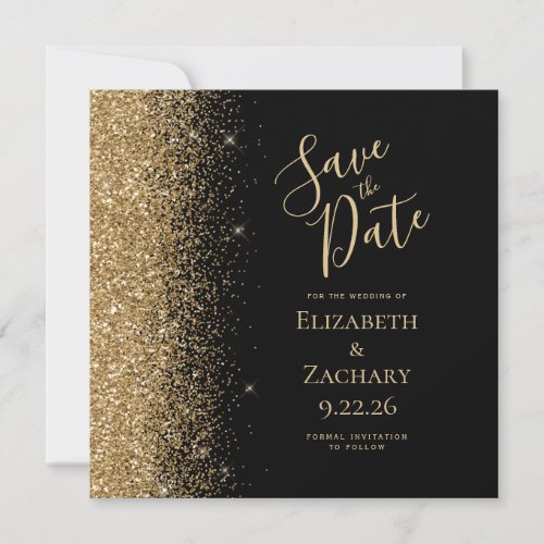 Square Black Gold Glitter Save the Date Announcement