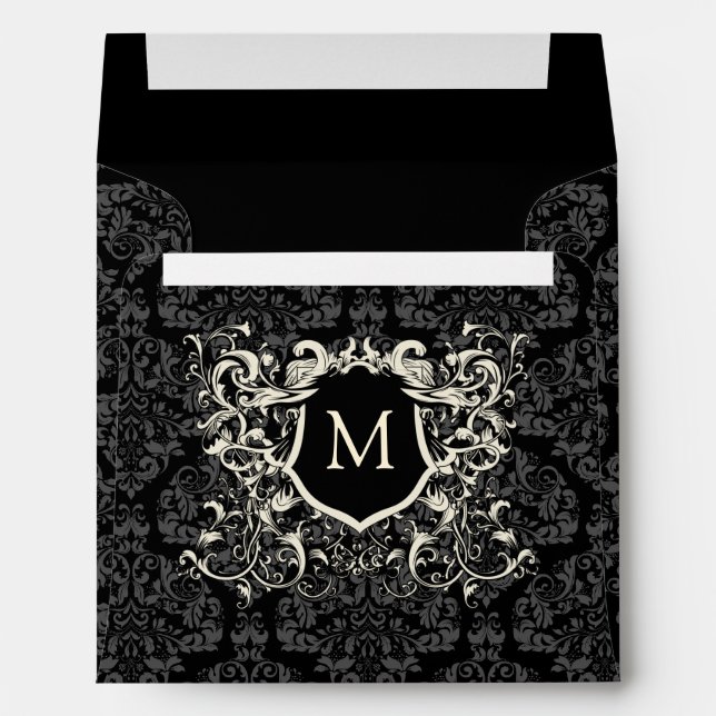 Square Black Gray Grey Damask Monogram Envelopes (Back (Bottom))