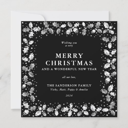 Square Black Hand Printed Holly Merry Christmas Holiday Card