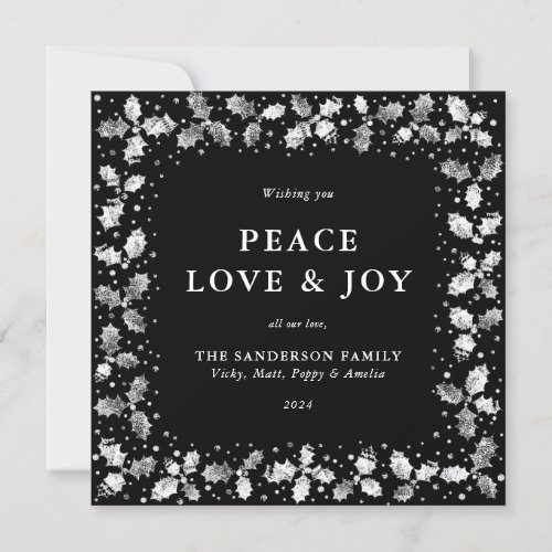 Square Black Hand Printed Holly Peace Love  Joy Holiday Card