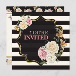 Square Black, Ivory Stripes, Florals Bridal Shower Invitation