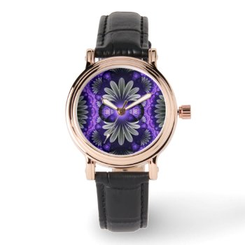 Square Black Leather Watch W/purple Fractal Face by Heartsview at Zazzle