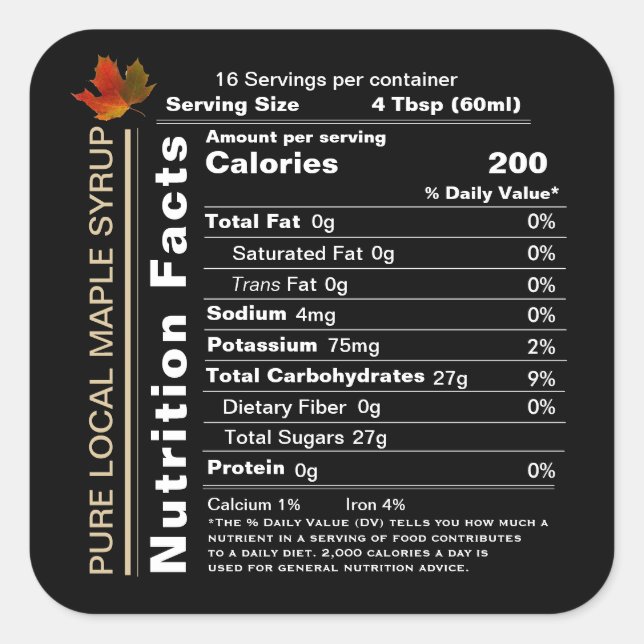 Square Black Maple Syrup Nutrition Facts with Leaf Square Sticker (Front)