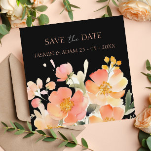 Square Black Peach Floral Wedding Save The Date