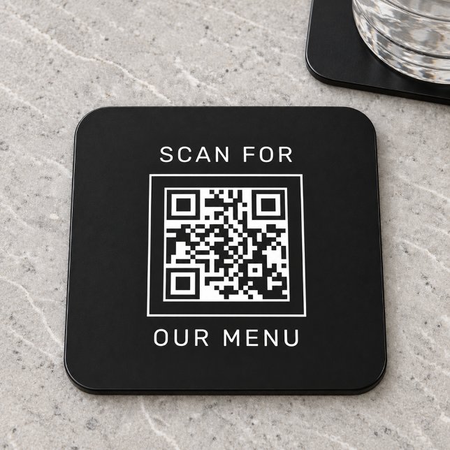 Square Black Scan For Our Menu QR Code Beverage Coaster (Creator Uploaded)