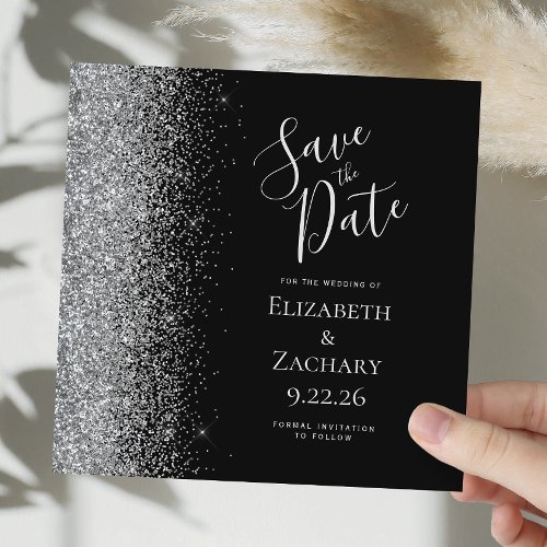 Square Black Silver Glitter Save the Date Announcement