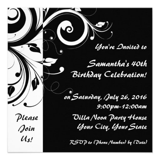 Square Black+White Reverse Swirl Party Invitations 5.25