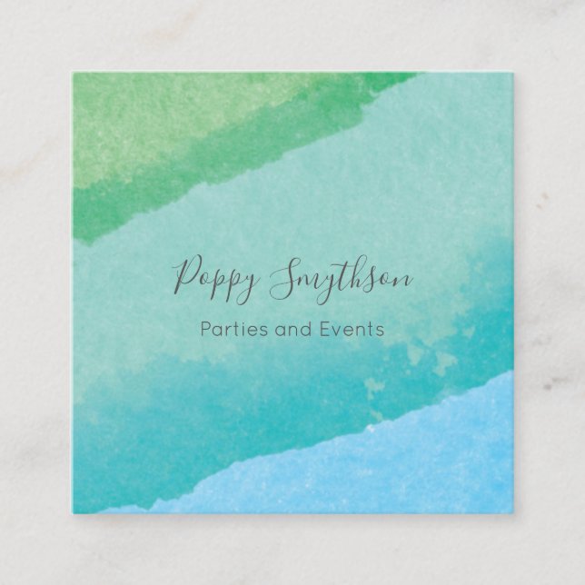 Square Blue and Green Modern Watercolor Square Business Card (Front)
