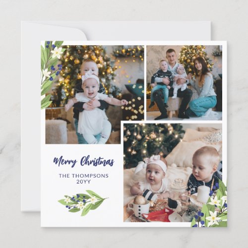 Square Blue Berries Photo Collage Merry Christmas Holiday Card