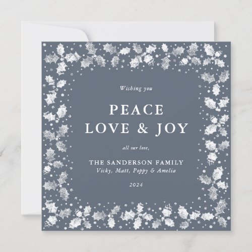 Square Blue Hand Printed Holly Peace Love  Joy Holiday Card