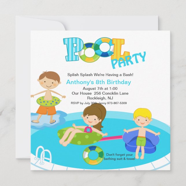 Square Blue Pool Party Boys Birthday Invitation (Front)