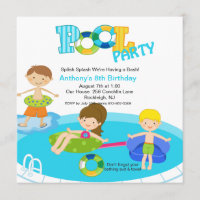 Square Blue Pool Party Boys Birthday Invitation