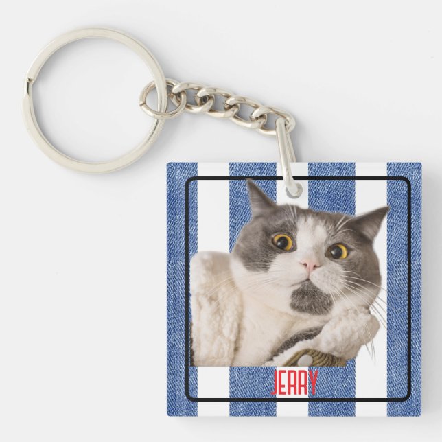 Square Blue Red White Nautical Stripes Pet Acrylic Keychain (Front)