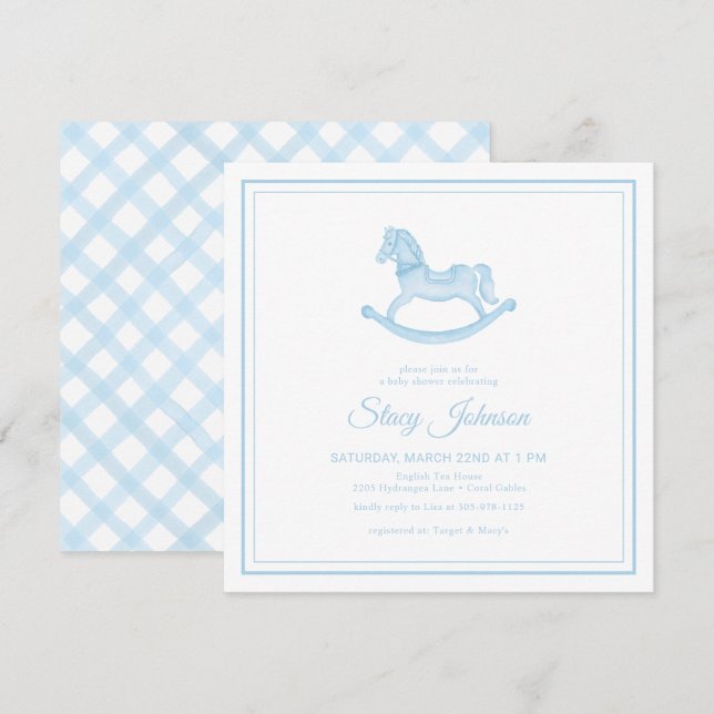 Square Blue Rocking Horse Boy Baby Shower Invite (Front/Back)