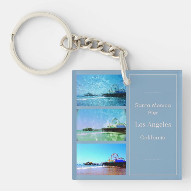 Square Blue Santa Monica Pier Collage Keychain (Front)