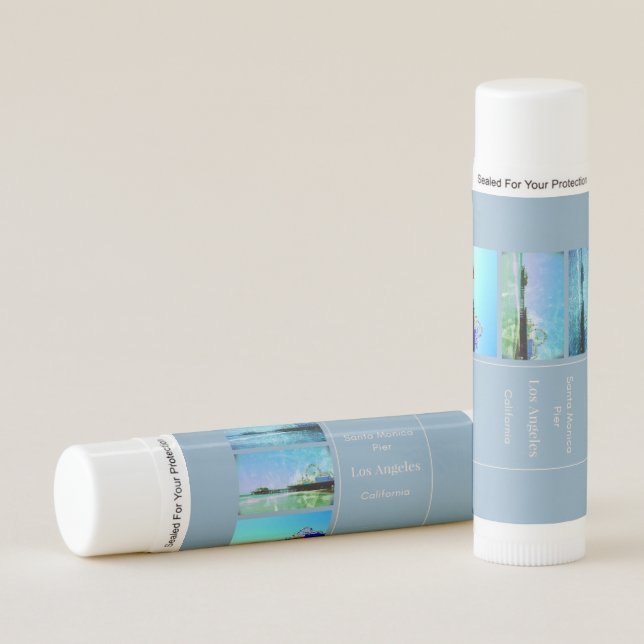 Square Blue Santa Monica Pier Collage Lip Balm (Front)