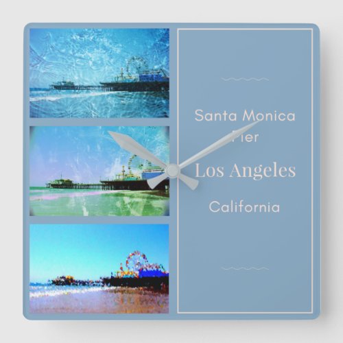 Square Blue Santa Monica Pier Collage Square Wall Clock